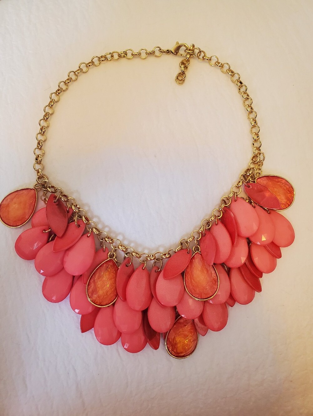 Statement Gold-tone Chain Coral Teardrop Statement Bib Necklace